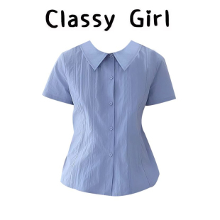通勤设计感百搭短袖 新款 上衣 女2026夏季 蓝色POLO领收腰显瘦衬衫