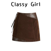 复古老钱风不规则半身裙女春季 设计感拼皮麂皮显瘦百搭短裙 新款