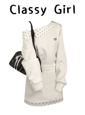 法式白色斜肩波点卫衣连衣裙子女早秋季2025新款松弛感穿搭一整套