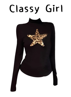 美式复古星星高领修身T恤女2026秋冬设计感紧身辣妹长袖打底衫