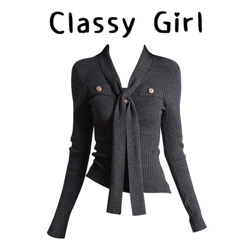 秋冬设计感v领收腰内搭毛衣上衣