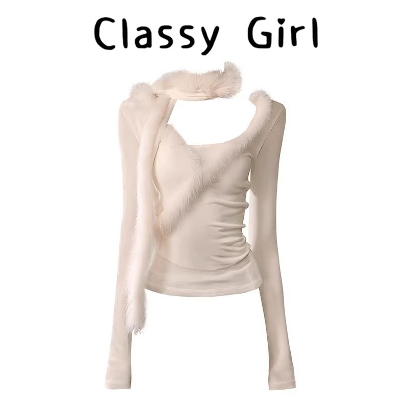 设计感拼接气质显瘦遮肉修身针织衫女装2026春季毛毛围巾两件套春,女装/女士精品,大码内搭,淘宝优惠券,粉丝福利购,淘宝优惠卷