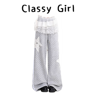 满印波点星星贴布卫裤女春秋新款轻亚文化宽松直筒裤子显瘦休闲裤