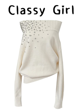 Classy girl 【星夜璀璨】2025秋冬新款一字肩针织镶钻毛衣女外套