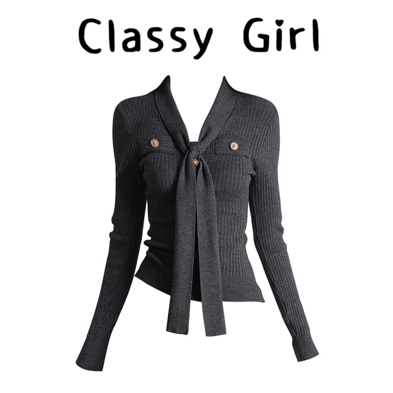 秋冬设计感v领针织衫上衣毛衣