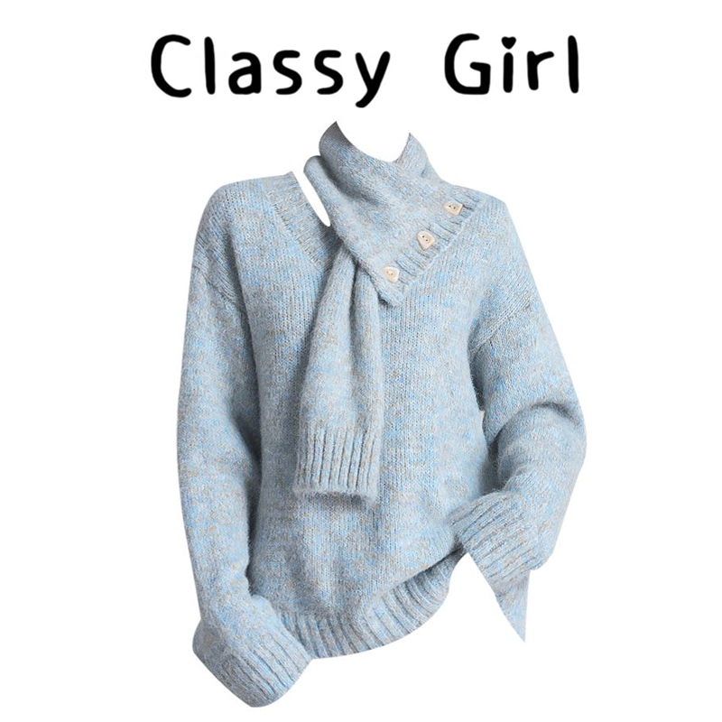 秋冬温柔风V领毛衣围巾两件套