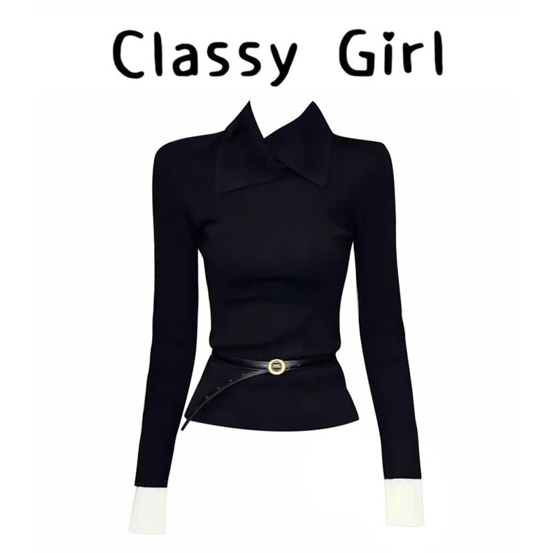 秋冬辣妹风时尚翻领针织T恤上衣