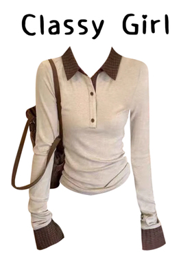 美式撞色格纹polo领长袖t恤女秋季休闲百搭修身显瘦短款正肩上衣