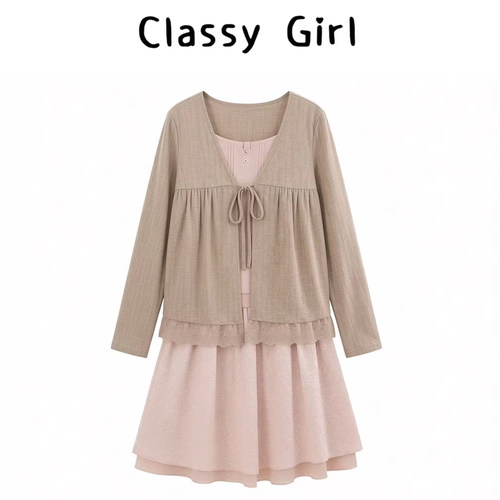 春夏系带复古假两件开衫半裙套装