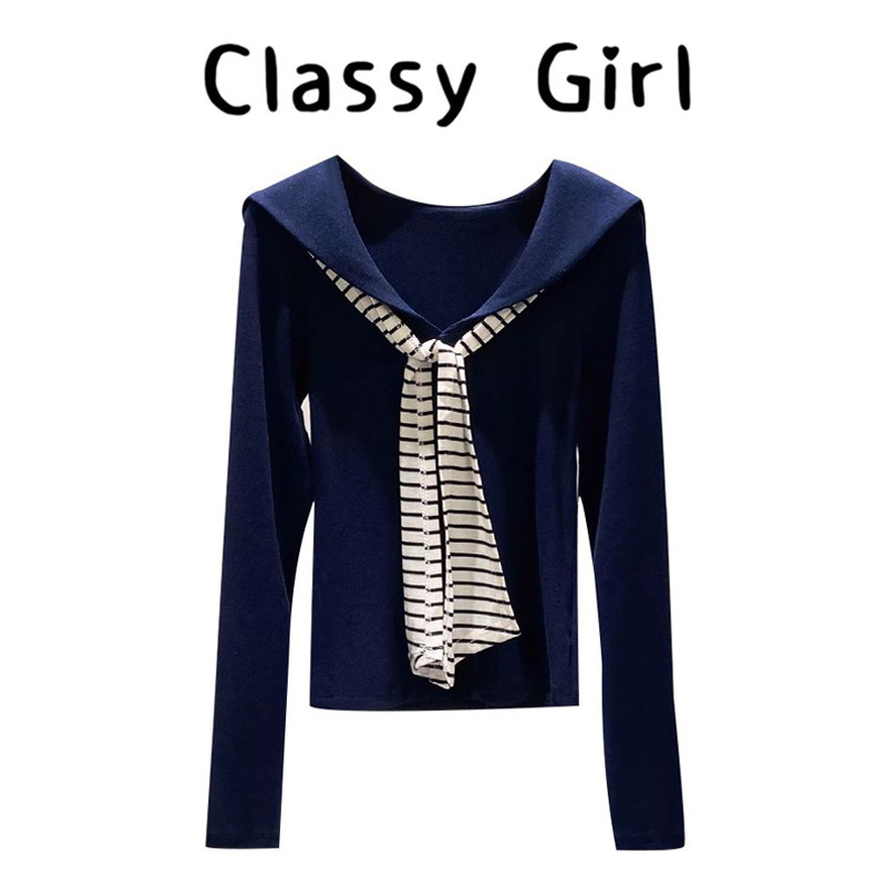 秋冬海军领条纹拼接显瘦T恤上衣