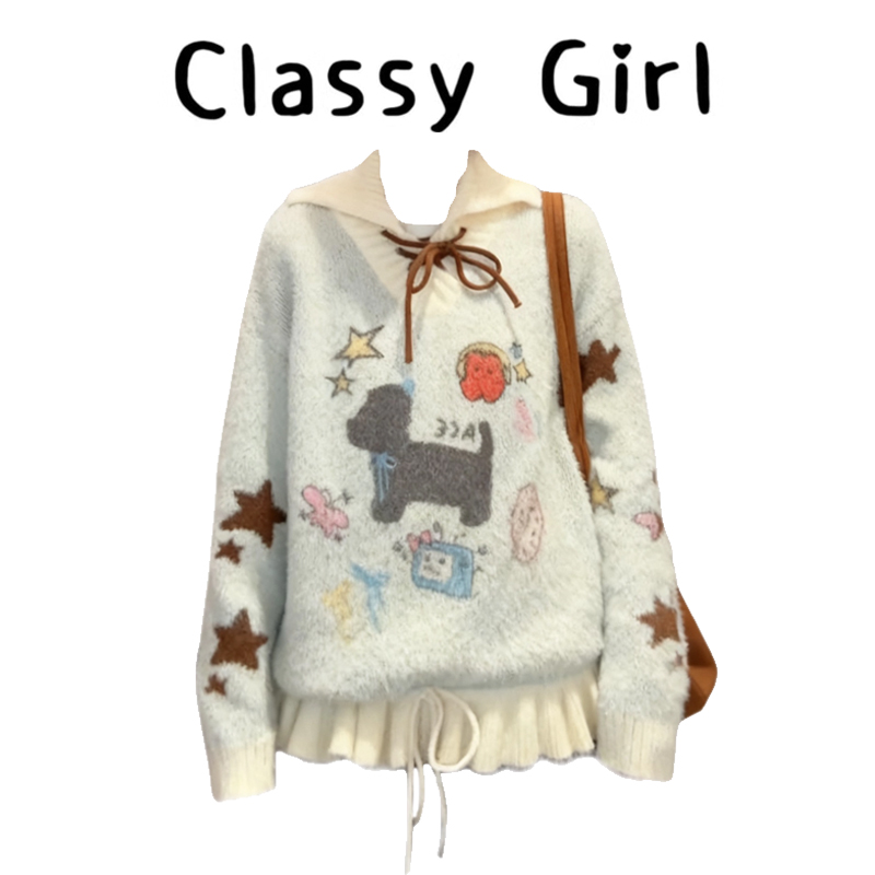 秋冬美式复古卡通毛衣针织衫上衣
