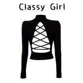 纯欲黑色绑带露背半高领长袖 T恤女秋冬显身材内搭性感打底衫 上衣