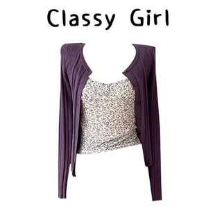 女夏季 韩系一整套ootd碎花吊带背心 紫色针织开衫 早春穿搭2026新款