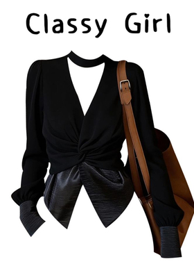 韩版新款潮流时尚百搭洋气时髦款黑色衬衫女2026早春v领收腰开衫