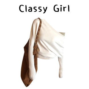 女气质设计感露肩慵懒上衣 毛衣针织衫 秋日赴约 撞色斜肩拼接长袖