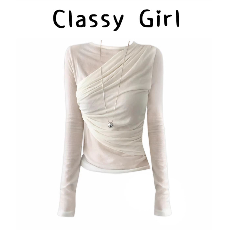韩系chic不对称设计感长袖t恤女秋冬圆领褶皱收腰显瘦打底衫上衣,女装/女士精品,大码内搭,淘宝优惠券,粉丝福利购,淘宝优惠卷