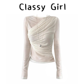 韩系chic不对称设计感长袖 t恤女秋冬圆领褶皱收腰显瘦打底衫 上衣