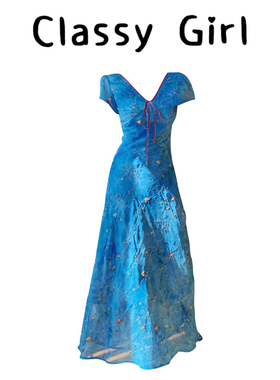 2025夏季新款法式蓝色显白斜裁印花刺绣V领长裙气质短袖连衣裙女