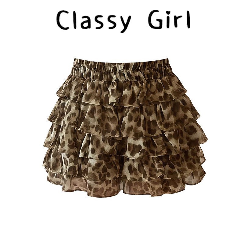 豹纹荷叶边蛋糕半身裙女夏美式辣妹风高腰A字短裙小个子减龄百搭