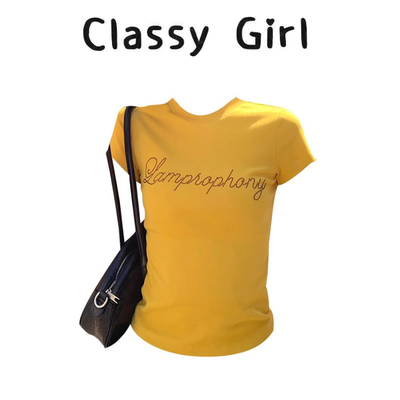 黄色字母烫钻正肩短袖t恤