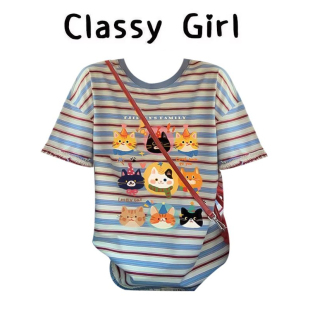 美式 2026新款 正肩宽松减龄上衣潮 t恤女夏季 趣味卡通印花条纹短袖