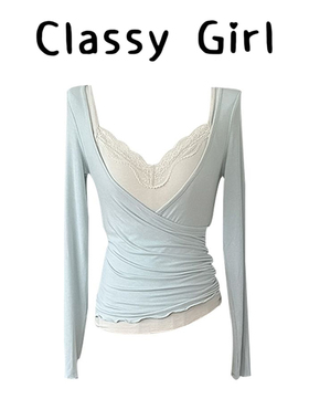 纯欲风性感套装女蓝色v领长袖修身T恤秋季吊带背心叠穿上衣两件套