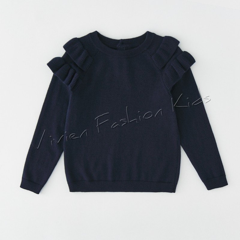 女童秋冬羊毛混纺荷叶肩袖圆领针织长袖套头毛衣