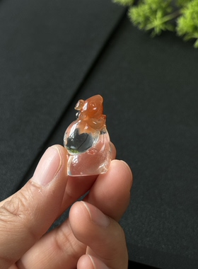 天然红兔毛水晶钱袋子鼠来宝可坠可摆我自己纯手工雕刻的