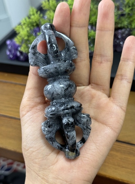 天然黑发晶水晶原矿镂空五股金刚杵手持或摆件纯手工雕刻的