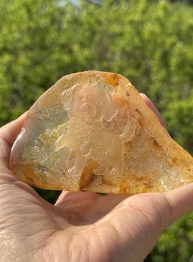 天然黄皮原矿白水晶观赏石旺财浮雕工艺桌摆