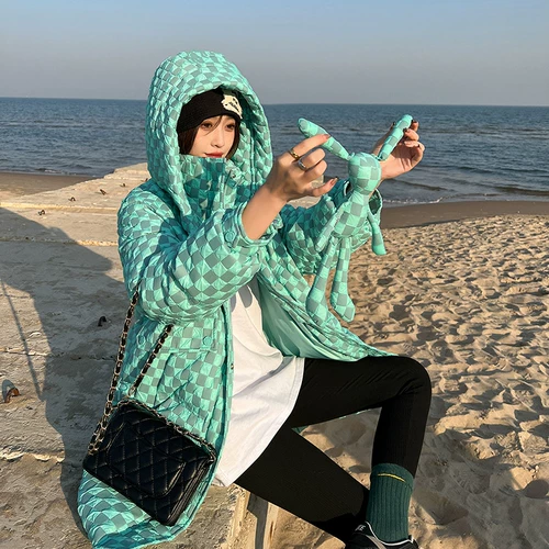 Шахматы, пуховик с пухом, сексуальная длинная куртка, коллекция 2022, в корейском стиле, средней длины