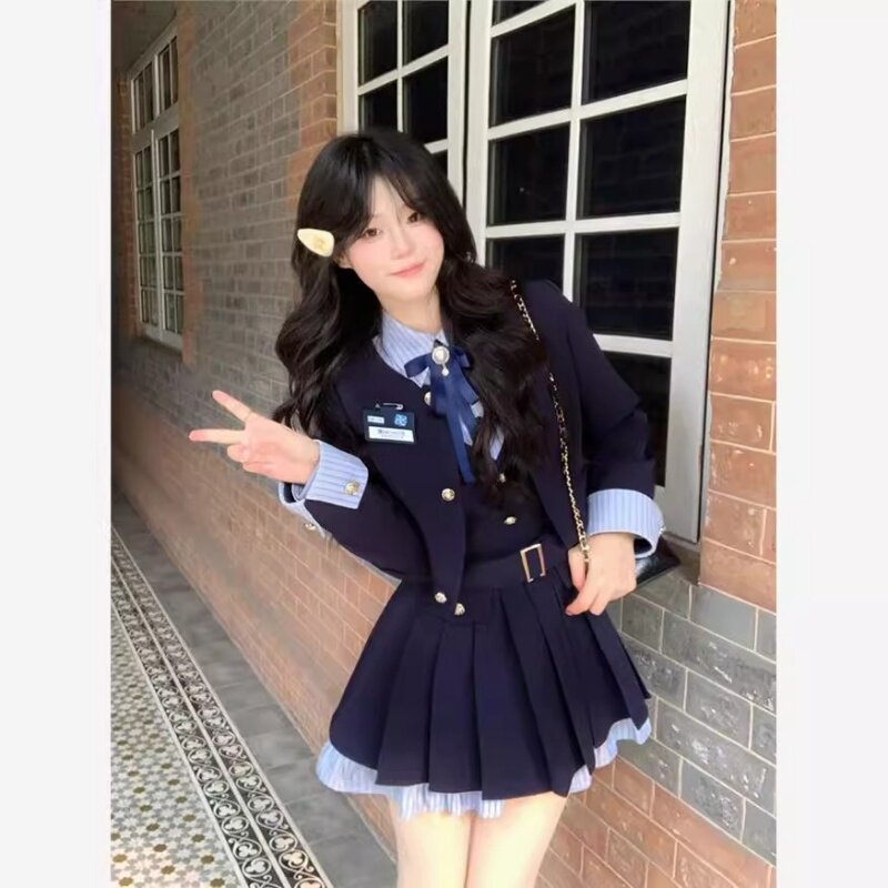 秋季新款日系甜美jk制服假两件百褶连衣裙西装外套学院风套装女