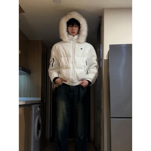 国潮牌字母刺绣大毛领连帽棉衣男装2025新款冬季加厚保暖棉服外套