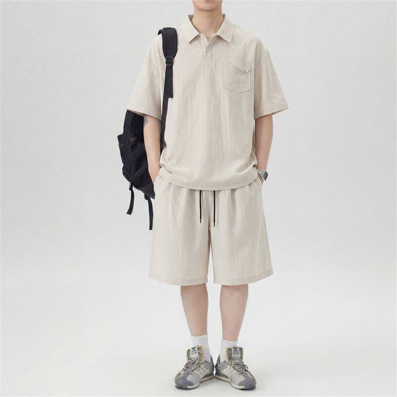 实拍夏季新款套装男莱赛尔棉麻面料简约休闲宽松运动冰感户外通勤