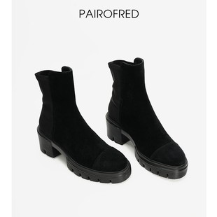 拼接切尔西短靴松糕厚底增高踝靴粗跟圆头弹力瘦瘦靴真皮女靴