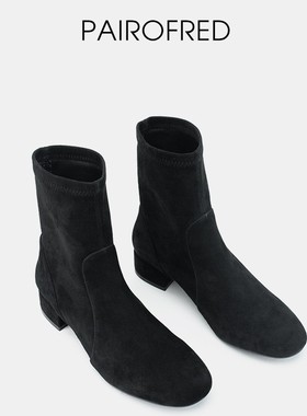 弹力靴女黑色麂皮靴子短靴裸靴时尚显瘦女靴真皮袜靴瘦瘦靴