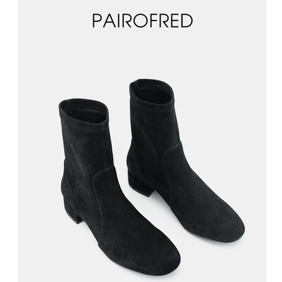 弹力靴女黑色麂皮靴子短靴裸靴时尚显瘦女靴真皮袜靴瘦瘦靴