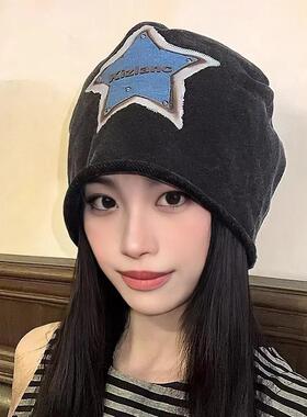 2024新款美式复古做旧星星堆堆帽子女秋冬护耳保暖百搭包头帽