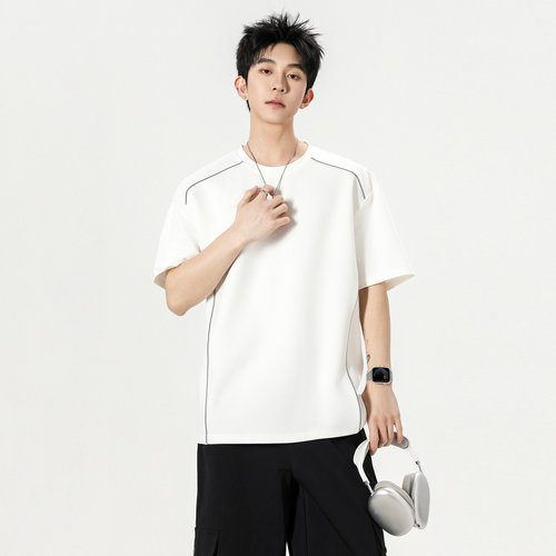 美式解构明线宽松圆领短袖T恤男
