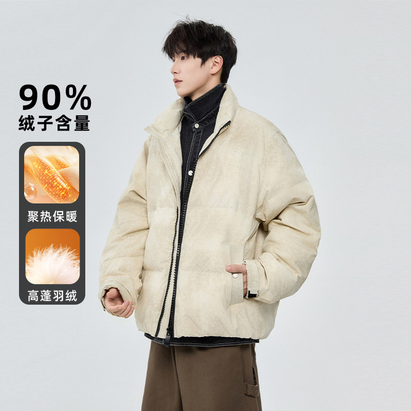 假两件面包羽绒服男款冬季2025新款美式潮牌休闲保暖男生立领外套