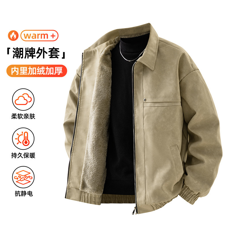 PU皮夹克男2025新款冬季加绒加厚宽松美式潮牌翻领机车风皮衣外