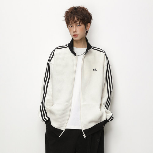 美式复古立领三条杠针织夹克男
