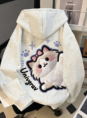 冬季女童韩版拉链连帽卫衣中大童仿刺绣猫咪印花学院风开衫外套潮