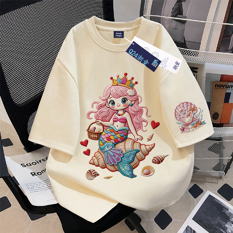 卡通美人鱼印花女童纯棉短袖T恤