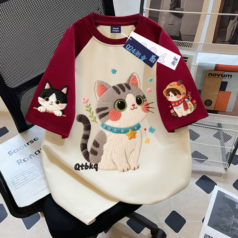 仿刺绣卡通猫咪女童插肩短袖T恤