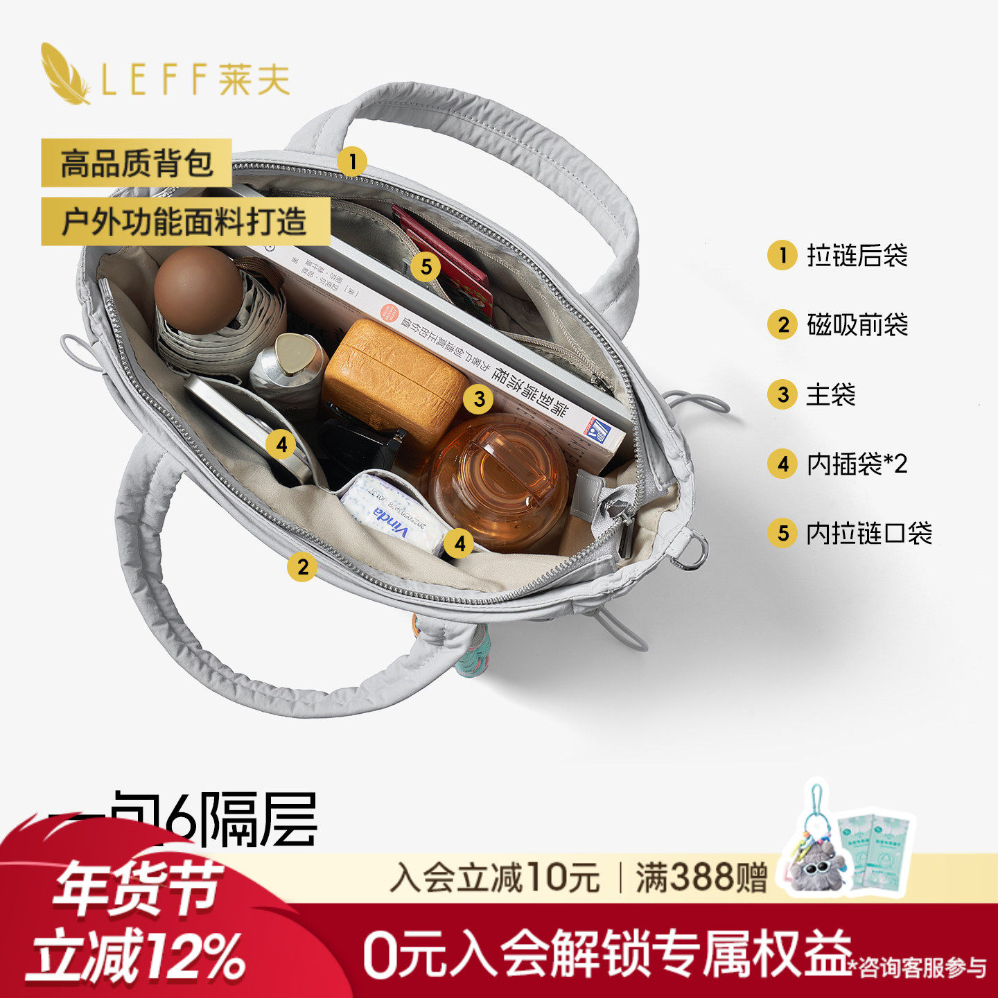 LEFF大容量多隔层帆布托特包女轻便手提包日常休闲外出上课包包女,箱包皮具/热销女包/男包,托特包,淘宝优惠券,粉丝福利购,淘宝优惠卷