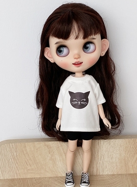 blythe娃衣 licca azone 小布 ob24芭可比儿娃衣 猫头T恤 黑短裤