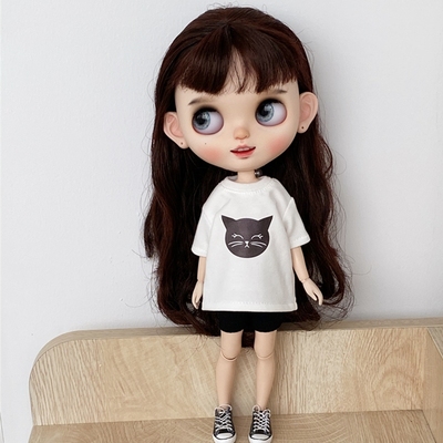 blythe娃衣 licca azone 小布 ob24芭可比儿娃衣 猫头T恤 黑短裤