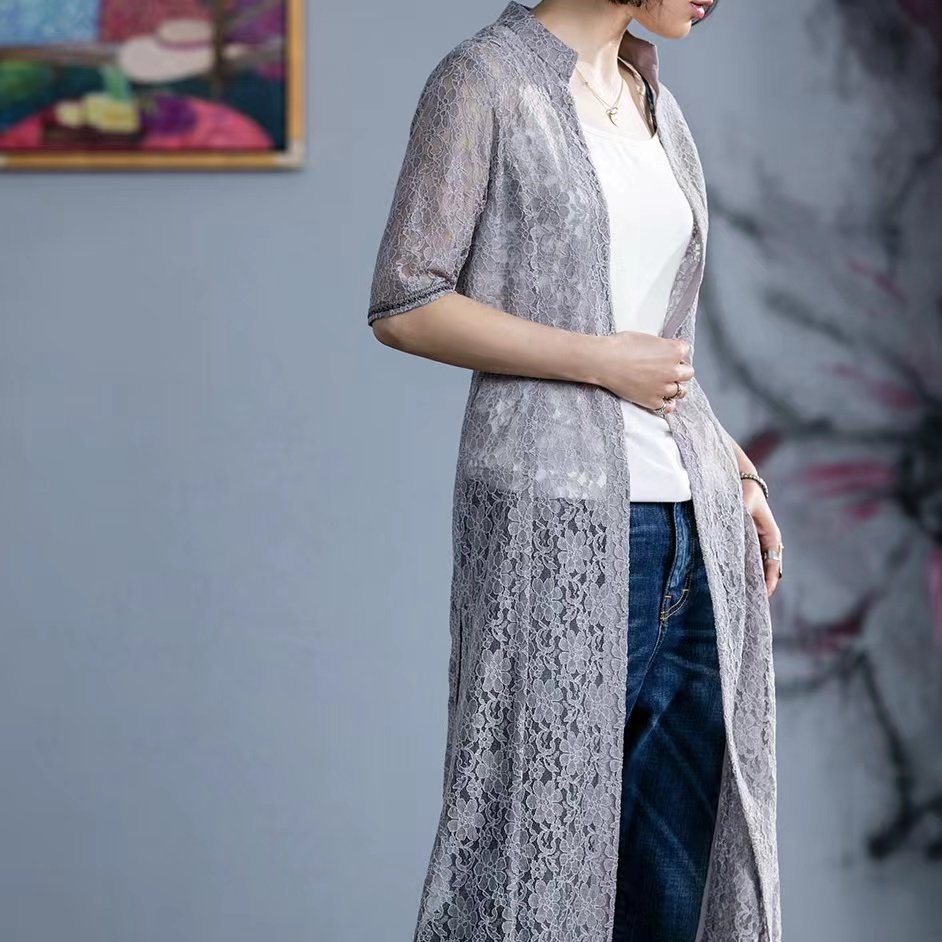 蕾丝立领开衫清仓 夏女士风衣外套开衫修身防晒中长款