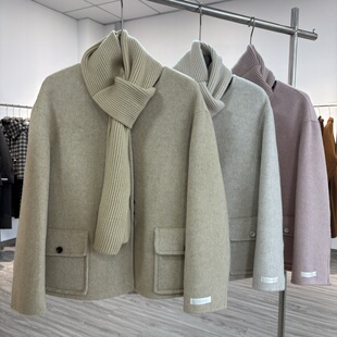 2025秋冬新款双面羊绒大衣女短款圆领围巾可卸小个子宽松显瘦羊毛